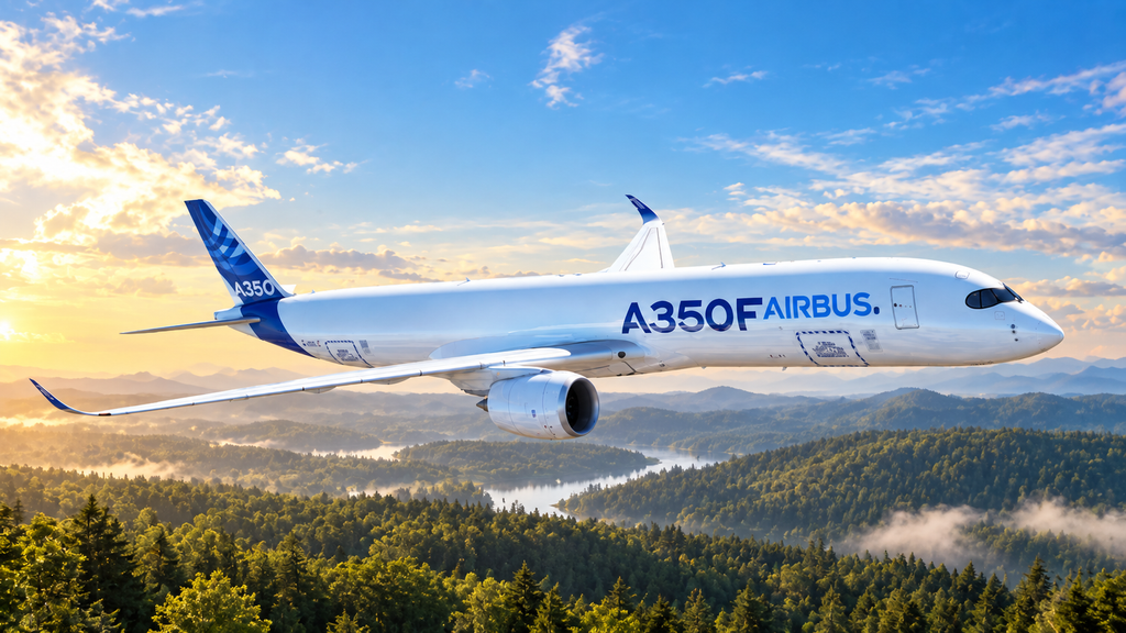 Airbus A350F flying over a forested mountain landscape during flight.