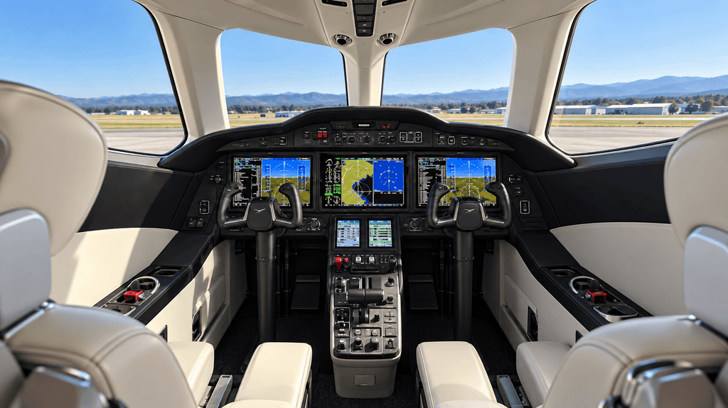 HondaJet Echelon review flight deck showing the glass cockpit, controls and forward runway view