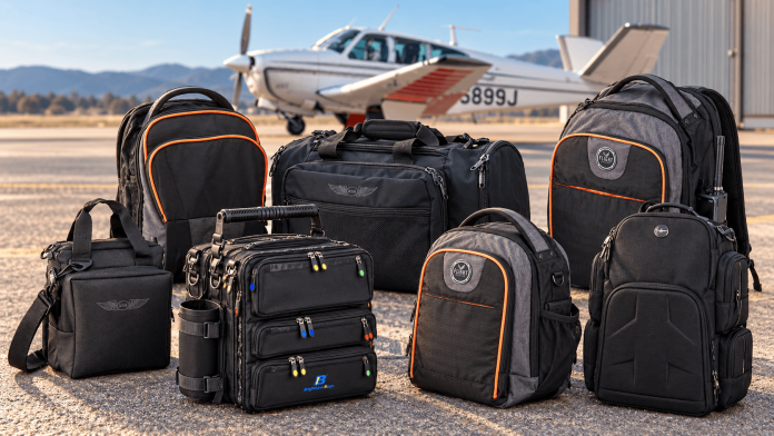 Seven aviation flight bags displayed on an airport ramp with a Beechcraft Bonanza in the background.
