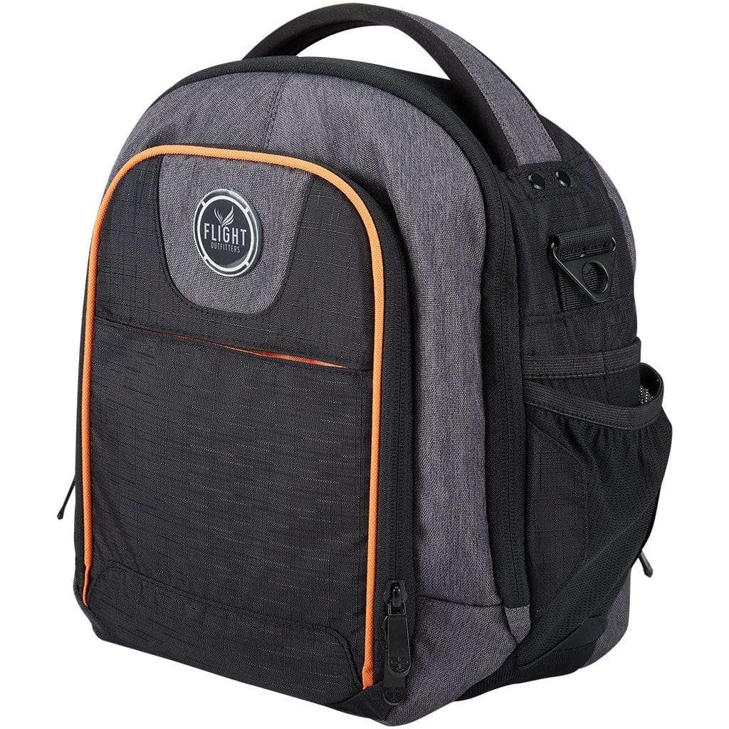 Black and gray Flight Outfitters Lift 2.0 flight bag with orange trim and exterior storage pockets.