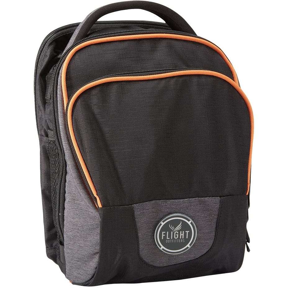 Black and gray Flight Outfitters Lift Mini 2.0 flight bag with orange trim, padded handle, and front storage compartments.