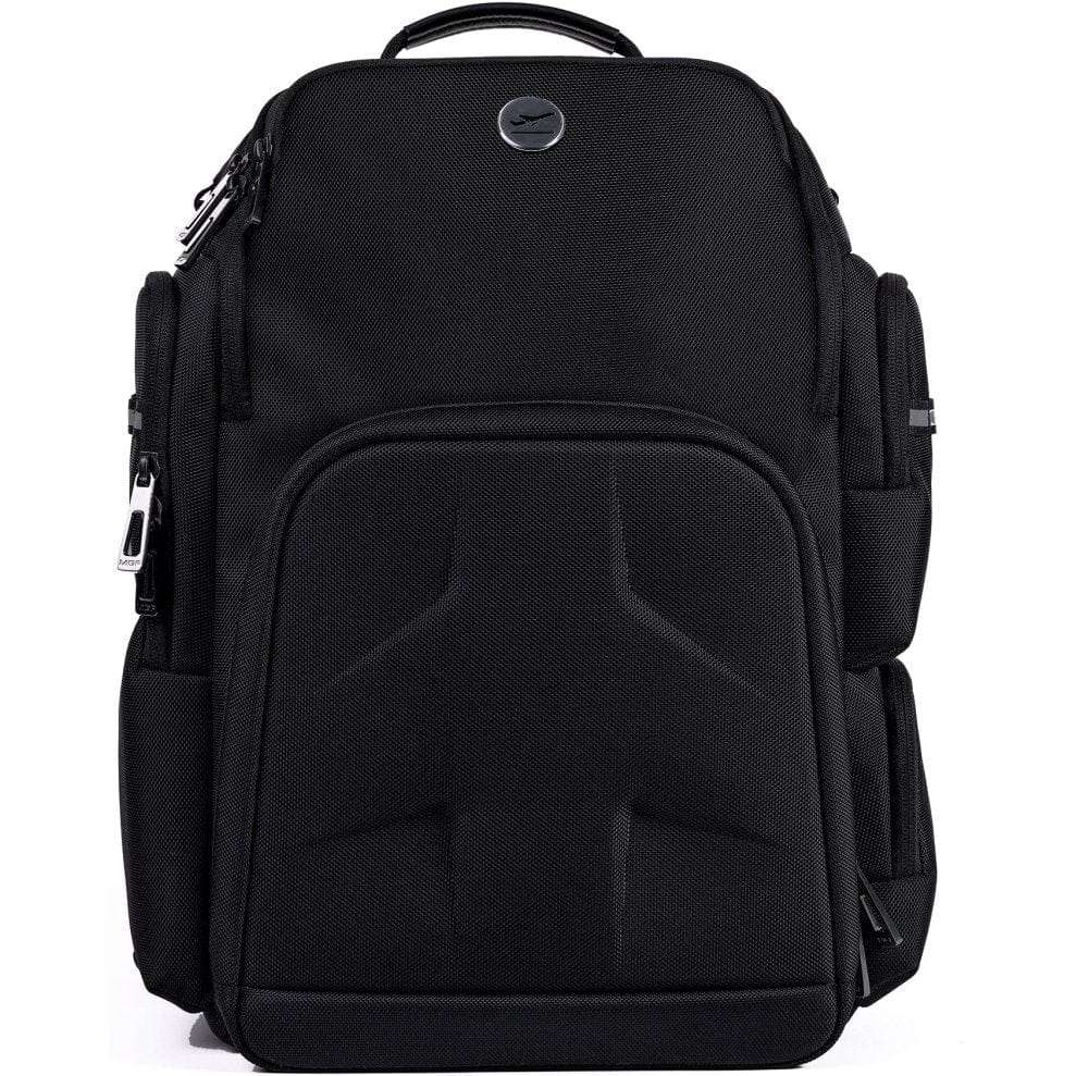 MyGoFlight PLC Pro black aviation backpack with multiple storage compartments.