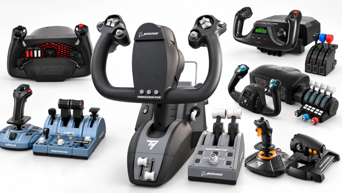 Seven flight simulator control setups featuring Thrustmaster, Honeycomb, Logitech and Turtle Beach yokes, throttles and joysticks.