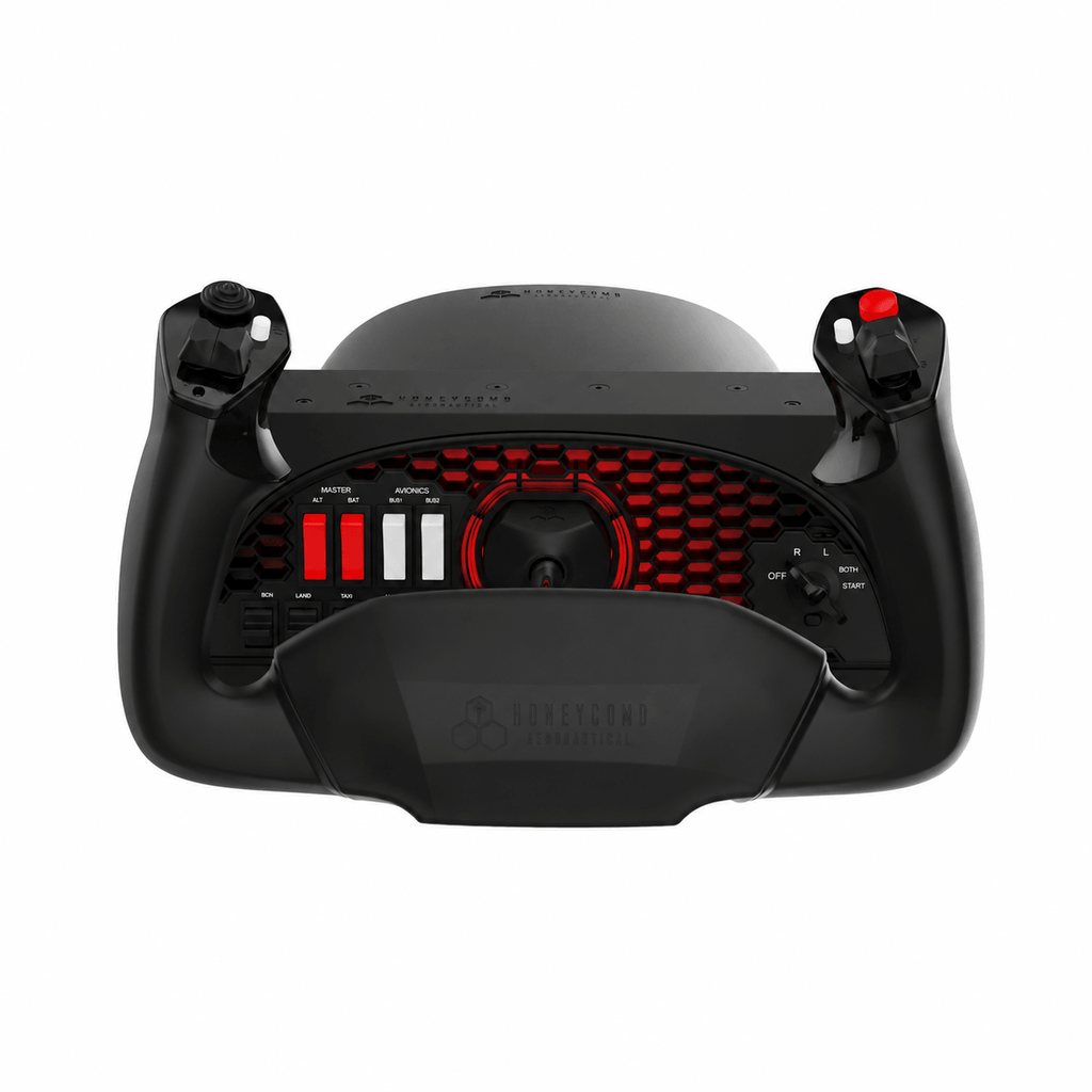 Honeycomb Alpha Flight Controls yoke with integrated switches and red backlit panel