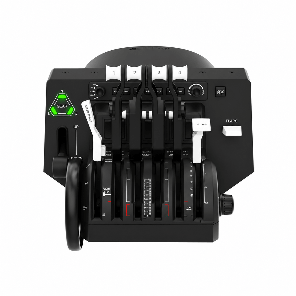 Honeycomb Bravo Throttle Quadrant with six configurable levers, autopilot controls, trim wheel and illuminated gear indicators.