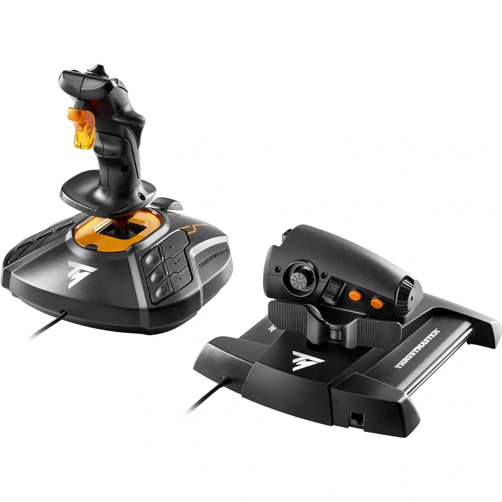 Thrustmaster T.16000M FCS HOTAS flight stick with separate TWCS sliding throttle.