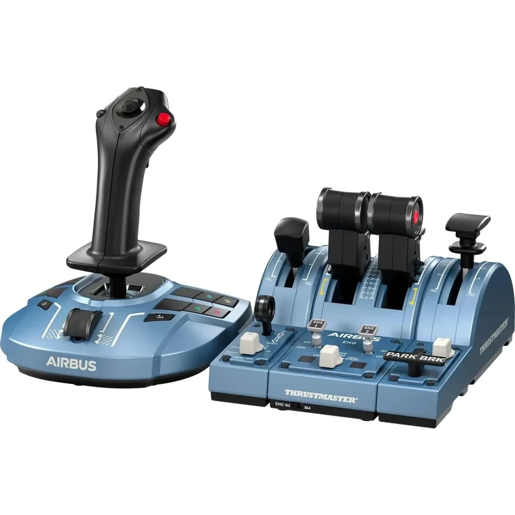 Thrustmaster Airbus sidestick with matching dual-engine throttle quadrant, speed brake and flap controls.