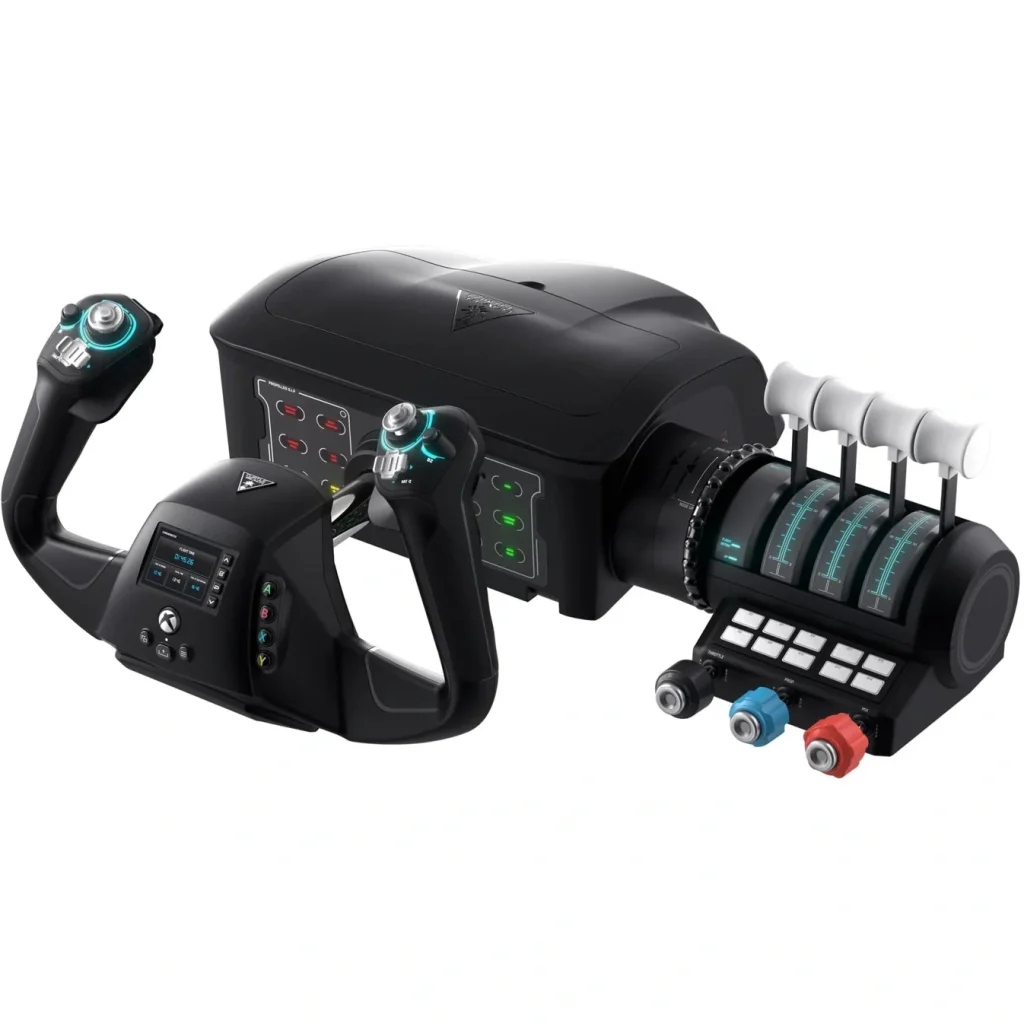 Turtle Beach VelocityOne Flight simulator yoke with integrated display and matching throttle quadrant.
