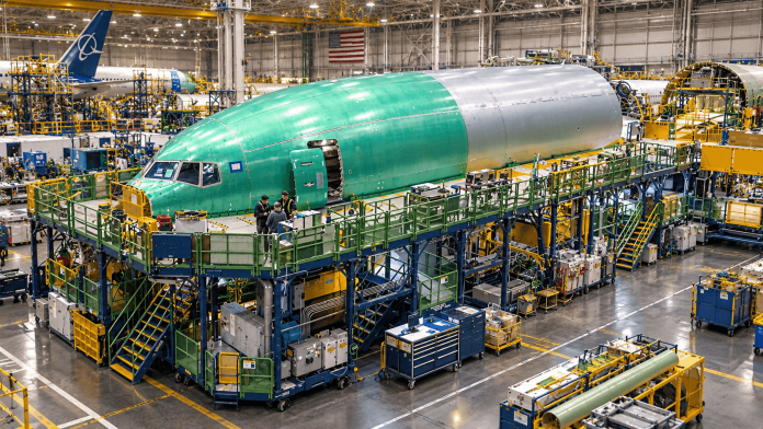 Boeing 777 freighter production showing an unfinished aircraft fuselage surrounded by assembly platforms and manufacturing equipment inside a Boeing factory.