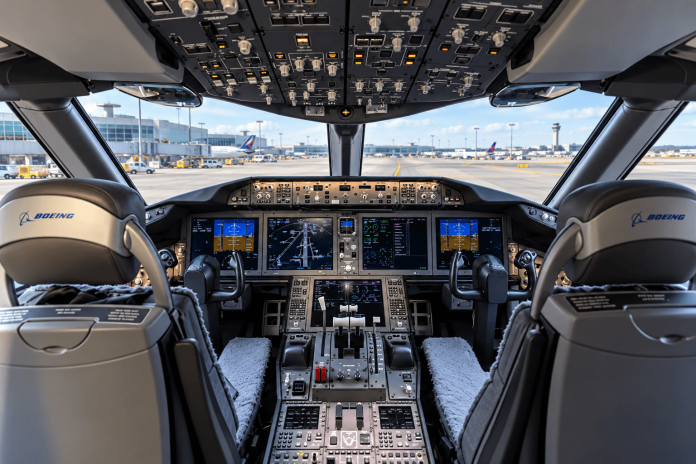 Boeing 787 cockpit showing flight controls, instrument displays and the airport outside.