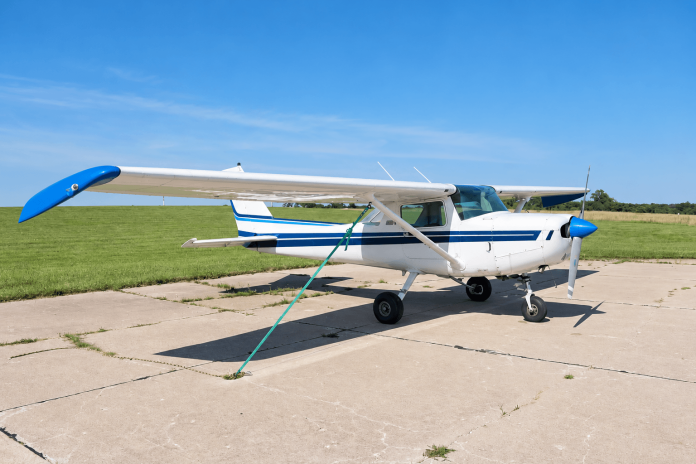 Buying a used airplane involves evaluating aircraft condition, maintenance history, and ownership costs. A white and blue Cessna 152 sits parked on an airport ramp.