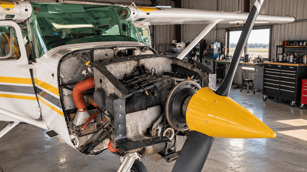 Buying a used airplane requires a thorough prebuy inspection, including checking the exposed piston engine of a single-engine aircraft for potential maintenance issues.