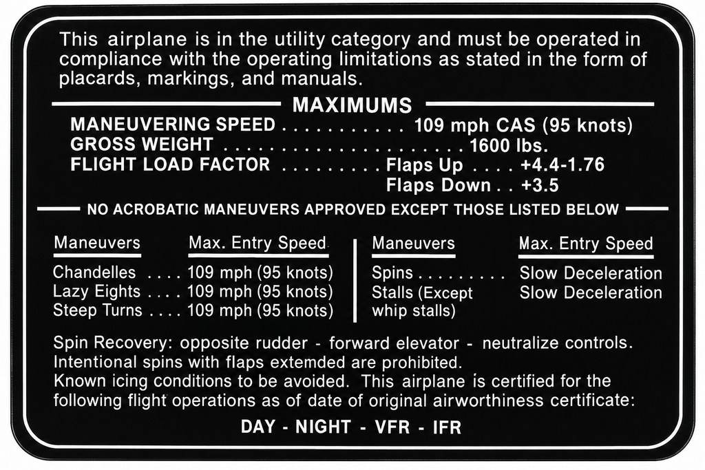 Black aircraft operating limitations placard