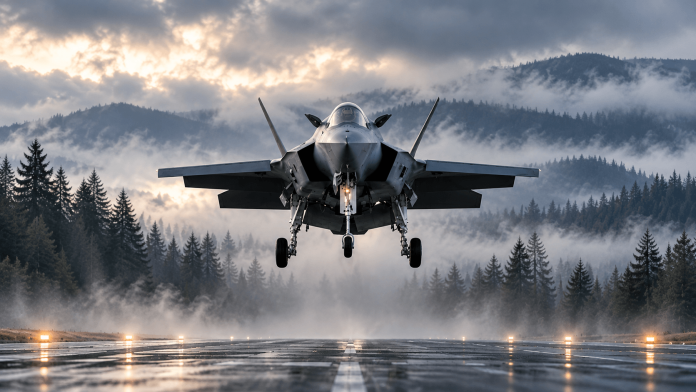 F-35 fighter jet approaching a runway with foggy mountains and forests in the background, illustrating the F-35 production deal.