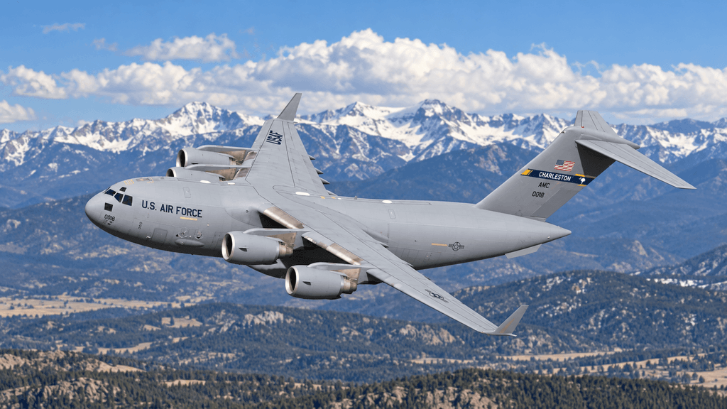 MSFS 2024 Sim Update 7 featuring a U.S. Air Force C-17 Globemaster III flying over the Colorado Rocky Mountains.