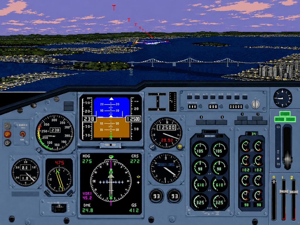 MSFS 2024 Sim Update 7 comparison showing a retro Microsoft Flight Simulator 95 cockpit with classic instruments and pixelated scenery.