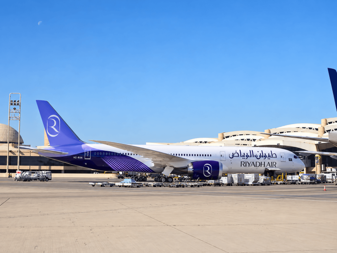 Riyadh Air Boeing 787 parked at King Khalid International Airport in Saudi Arabia, where the Riyadh airport attack disrupted flights and airline operations.