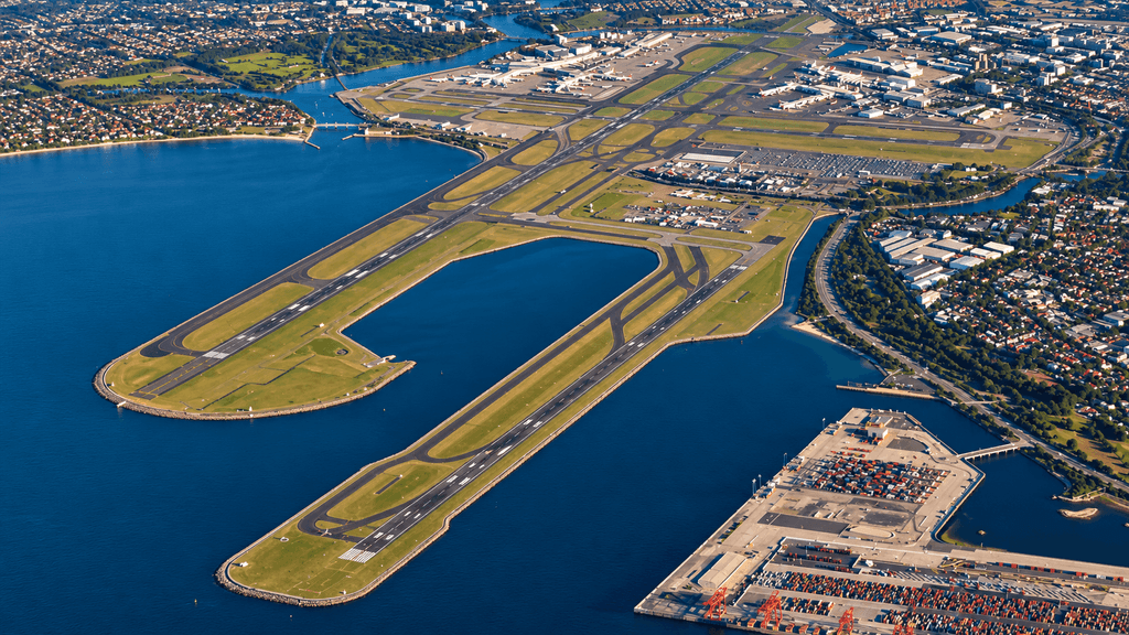 Aerial view of Sydney Airport showing its runways, taxiways