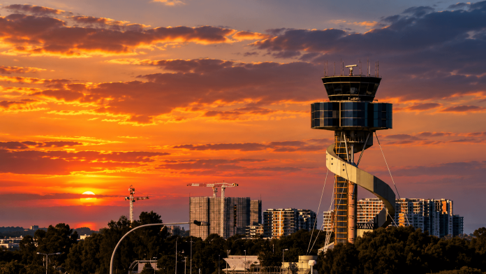 Sydney Airport air traffic control tower at sunset
